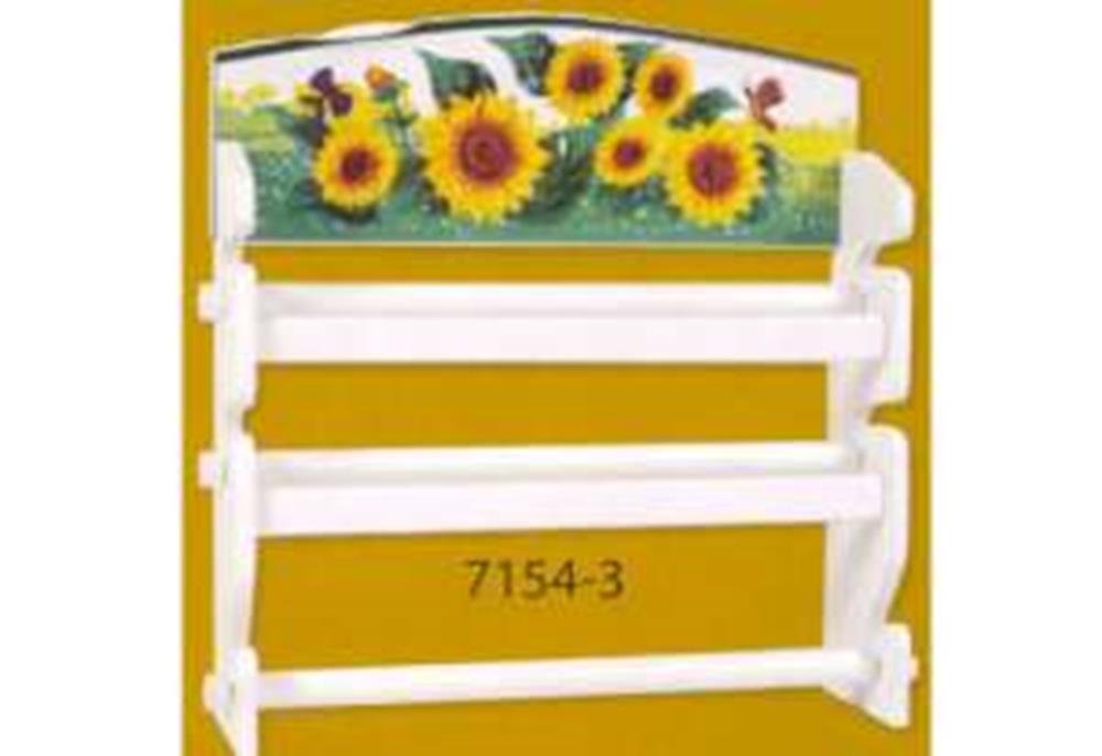 White wooden towel rack with three bars and sunflower-themed decorative top panel.