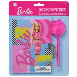 Pink Barbie diary with geometric pattern cover, includes lock, two keys, and pom-pom pen.