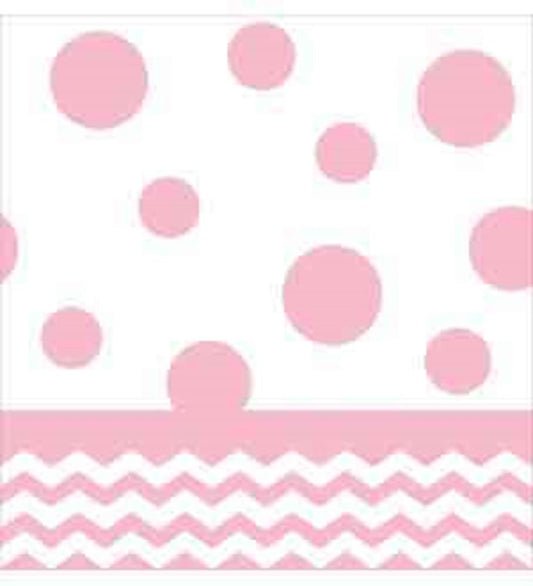 White plastic tablecover with scattered pink polka dots and zigzag pattern border.