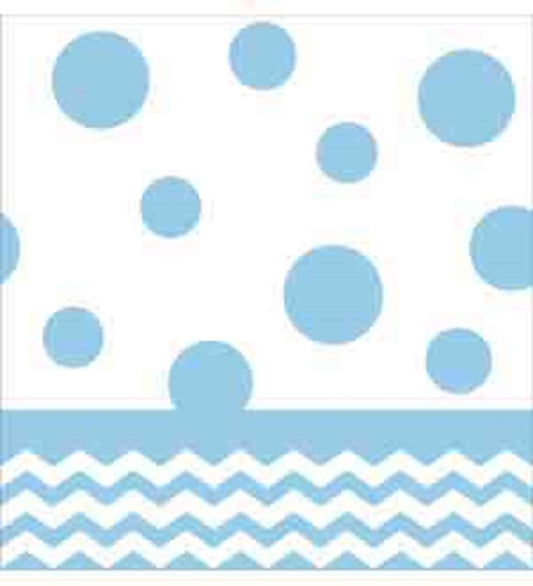 Pastel blue plastic tablecover with scattered polka dots and zigzag border pattern.