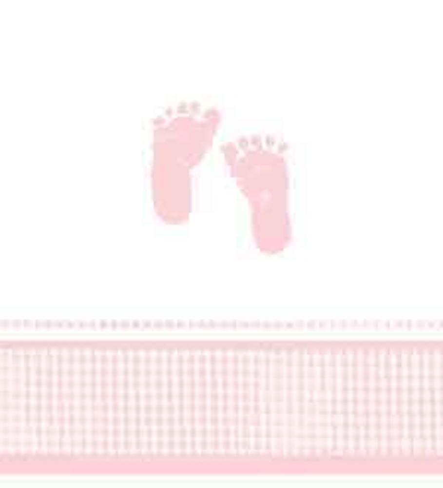 White tablecover with pink baby footprints and pink gingham plaid border, 48x88 inches.