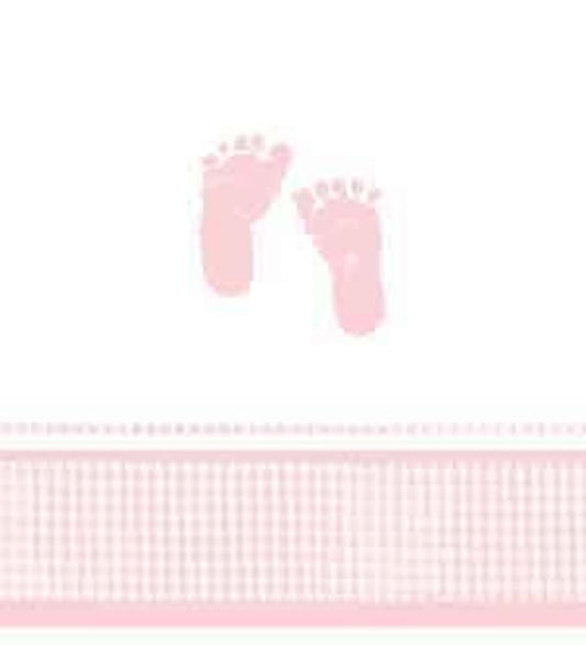 White tablecover with pink baby footprints and pink gingham plaid border, 48x88 inches.