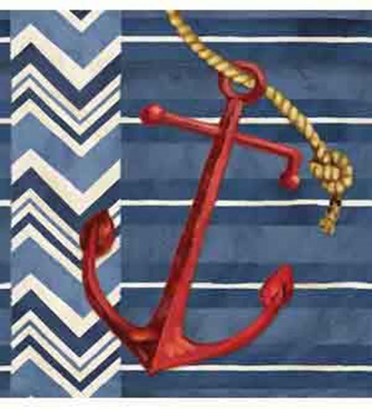 Blue and white striped tablecover with zigzag and anchor design featuring a red anchor and rope detail.
