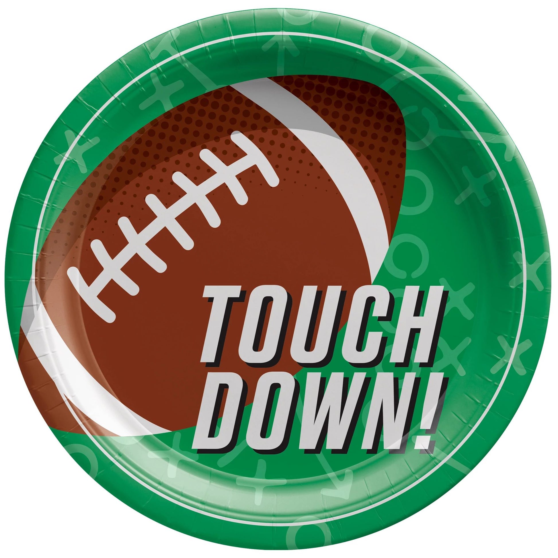10-inch round paper plate with green border, football graphic, and "Touch Down!" text in white and gray.