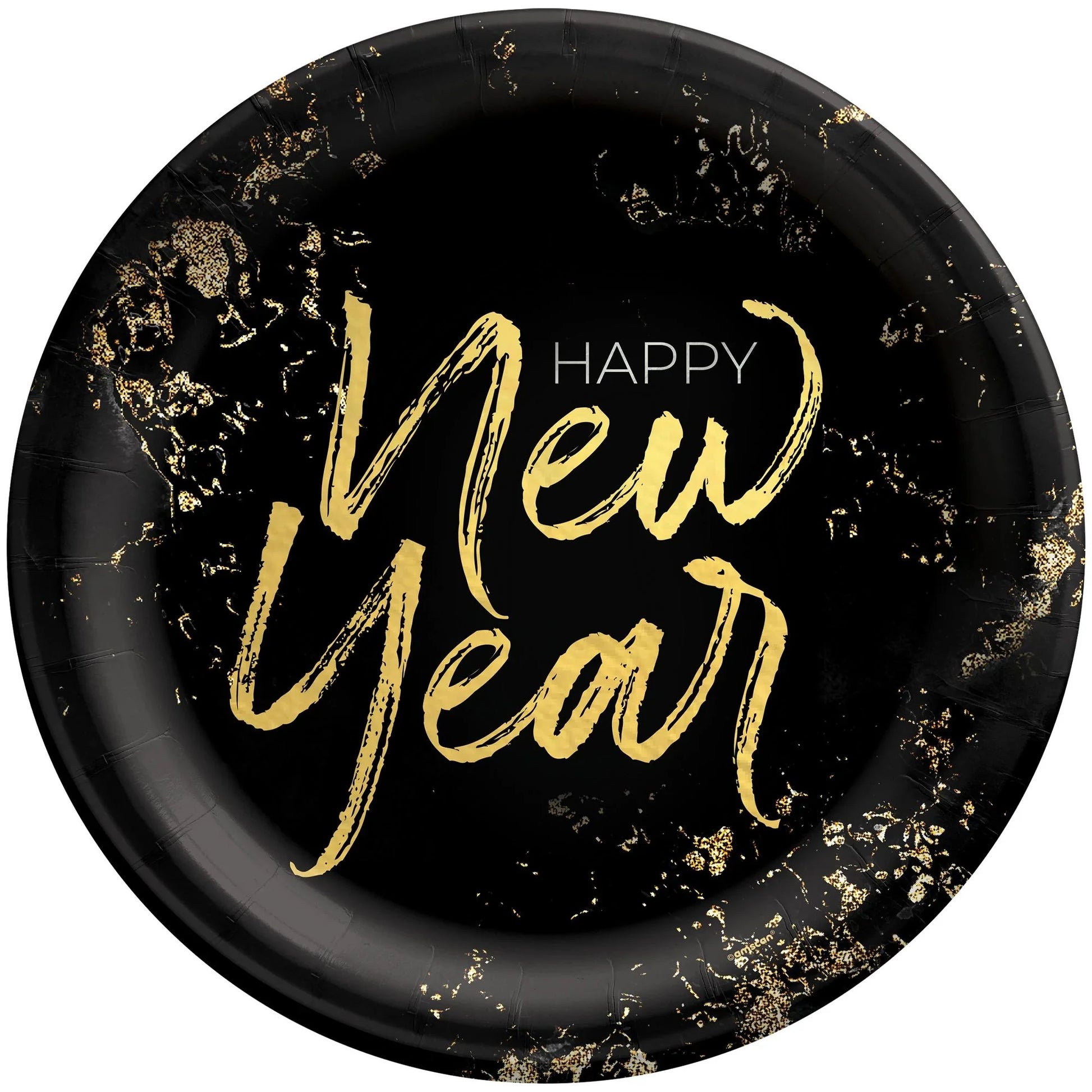 Black 10-inch round paper plate with gold confetti accents and "Happy New Year" in gold script lettering.
