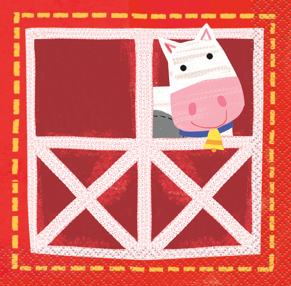Square red paper napkin with a white barn design and a cartoon cow peeking out from a window.
