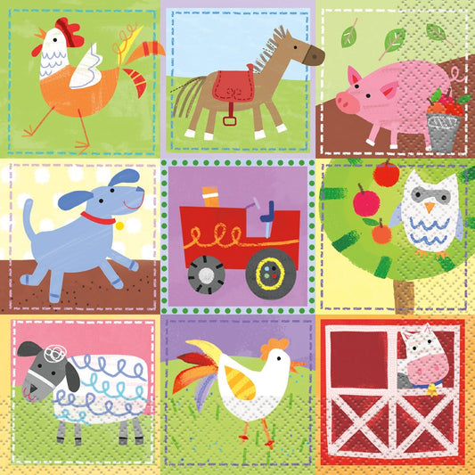 Colorful square napkins with farm animals and barns including a chicken, horse, pig, dog, tractor, owl, cow, rooster, and.
