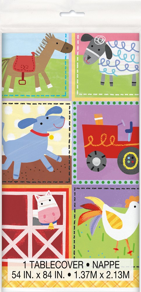 Colorful farm-themed tablecover with illustrated horse, sheep, dog, tractor, pig, and goose in square panels.