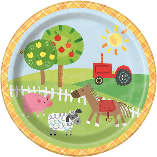 Round paper plate with yellow plaid rim, featuring colorful farm animals, a red tractor, green trees, and a bright sun on a.