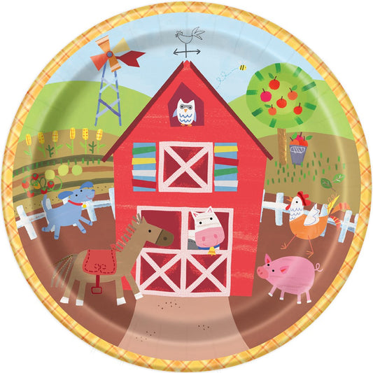 Round paper plate with colorful farm scene featuring a red barn, horse, cow, pig, goat, chicken, windmill, and apple tree on