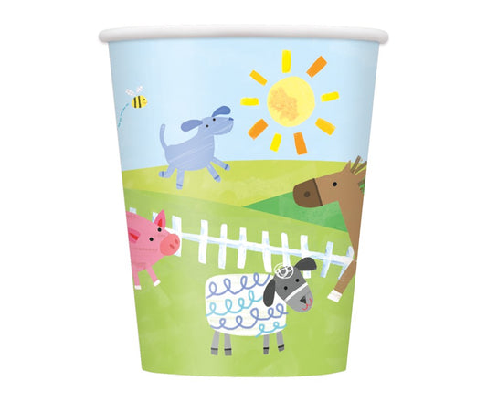 9oz paper cup with colorful cartoon farm animals, sun, and green field design.