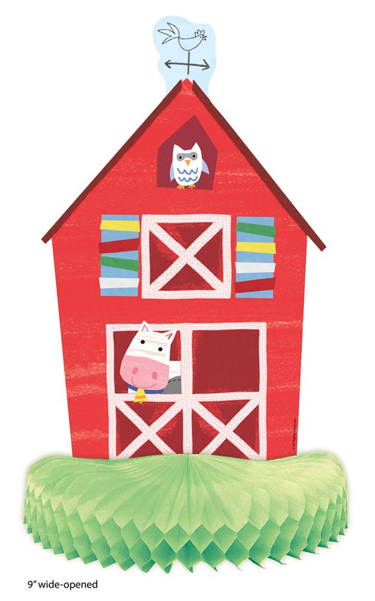 Red barn-shaped centerpiece with white accents, colorful window shutters, cartoon cow and owl, green honeycomb paper base.