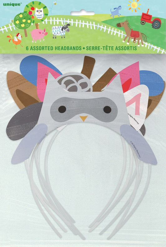 Set of six kids' farm animal headbands featuring colorful felt designs including raccoon, pink and brown ears, with attached
