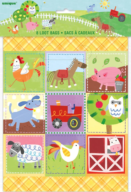 Set of eight colorful farm-themed loot bags featuring cartoon animals like cow, horse, pig, dog, chicken, chicks, sheep, and