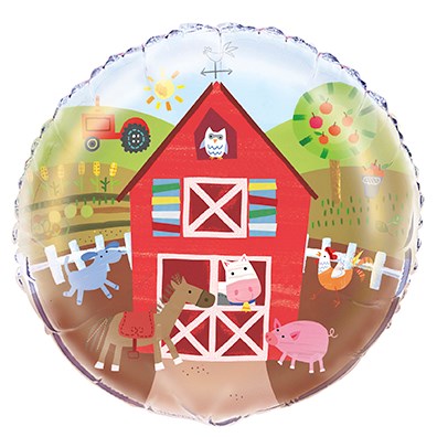 Round foil balloon with red barn, sun, tractor, and farm animals including cow, pig, horse, and chicken on a blue sky.