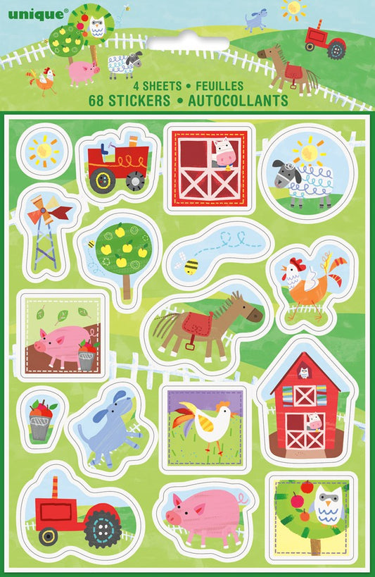 Colorful farm-themed sticker sheet with red barn, tractor, animals, and crops on green background.