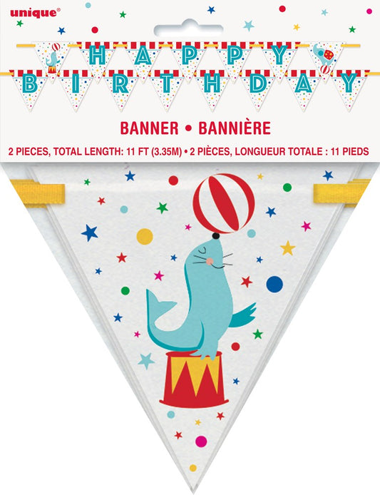 Triangular white flag banner with a blue seal balancing a red and white ball, decorated with multicolored stars and dots.