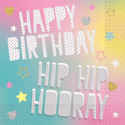 Colorful napkin with "Happy Birthday Hip Hip Hooray" text in white with polka dots and stripes, decorated with stars and.