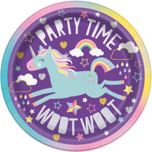7-inch round paper plate with a purple background, featuring a blue unicorn with a rainbow mane, clouds, stars, hearts, a.