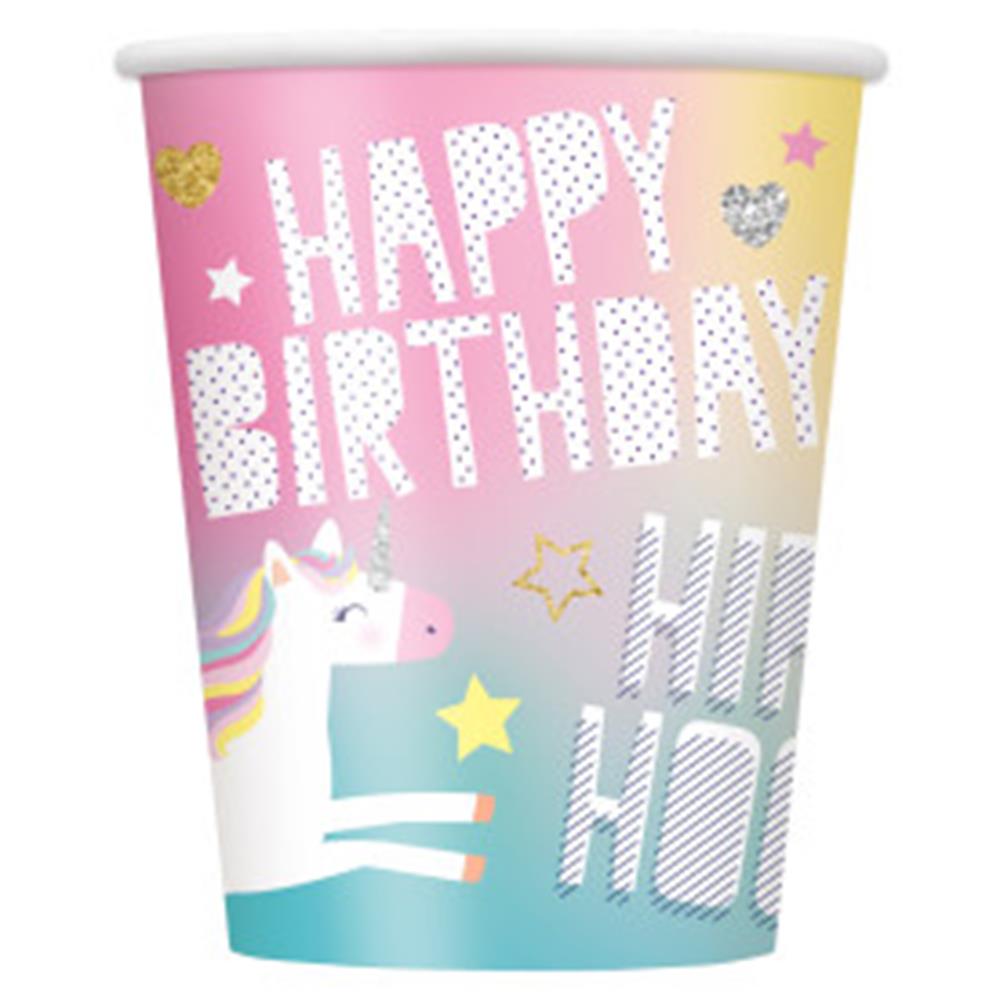 Colorful 9-ounce paper cup with unicorn, stars, and "Happy Birthday" text in pastel shades.