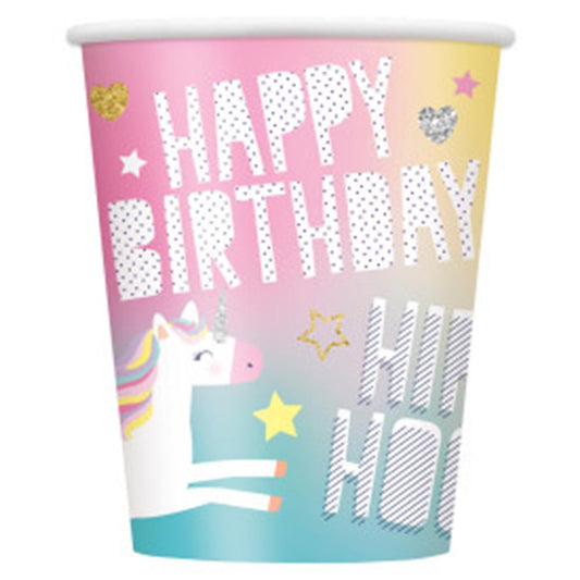 Colorful 9-ounce paper cup with unicorn, stars, and "Happy Birthday" text in pastel shades.
