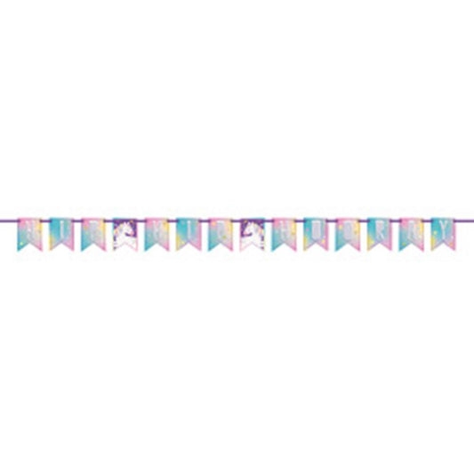 Colorful unicorn-themed pennant banner with pastel rainbow stripes and glitter accents, 7 feet long.