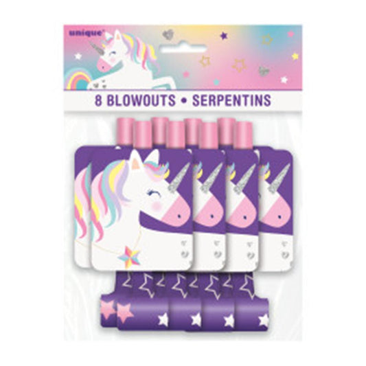 Set of 8 unicorn-themed blowouts with purple, pink, and white stars and rainbow mane design.