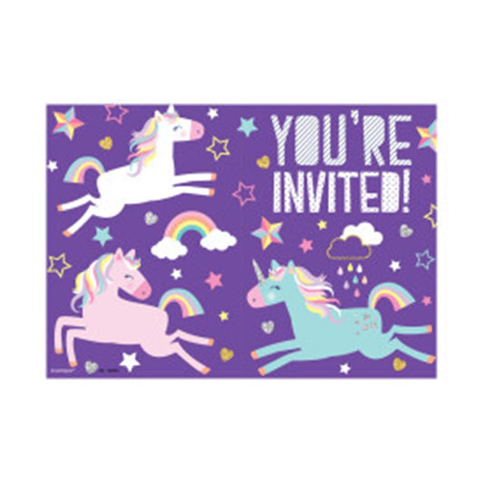 Purple invitation card with white, pink, and blue unicorns, rainbows, stars, and "You're Invited!" text in white.