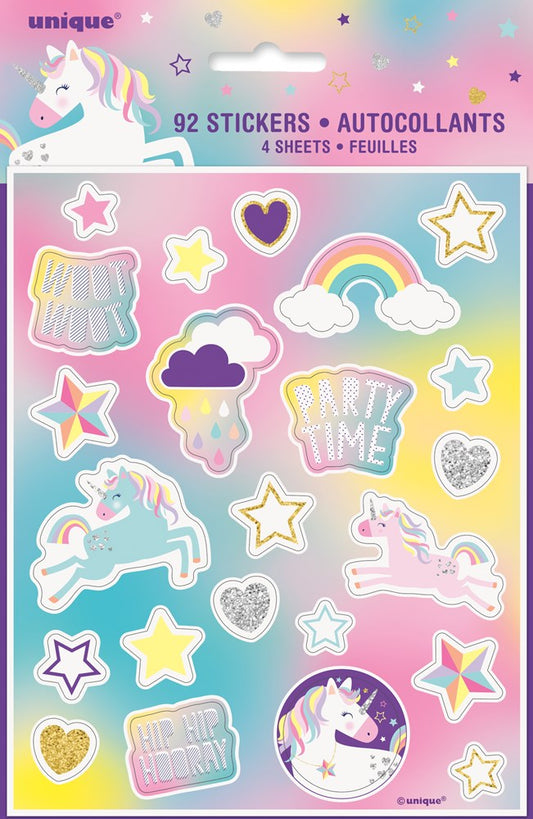 Four sheets of colorful unicorn-themed stickers featuring unicorns, stars, rainbows, clouds, hearts, and party phrases on.
