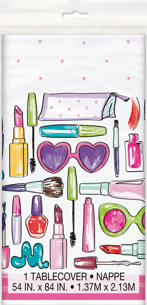 White rectangular tablecover with colorful spa-themed illustrations including lipstick, nail polish, heart-shaped.