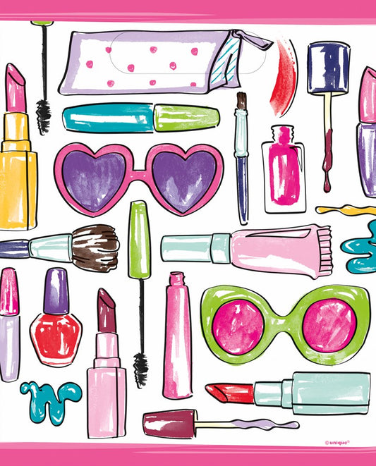 Colorful spa party lootbag items including pink and green heart-shaped sunglasses, nail polish bottles, lipsticks, mascara,.