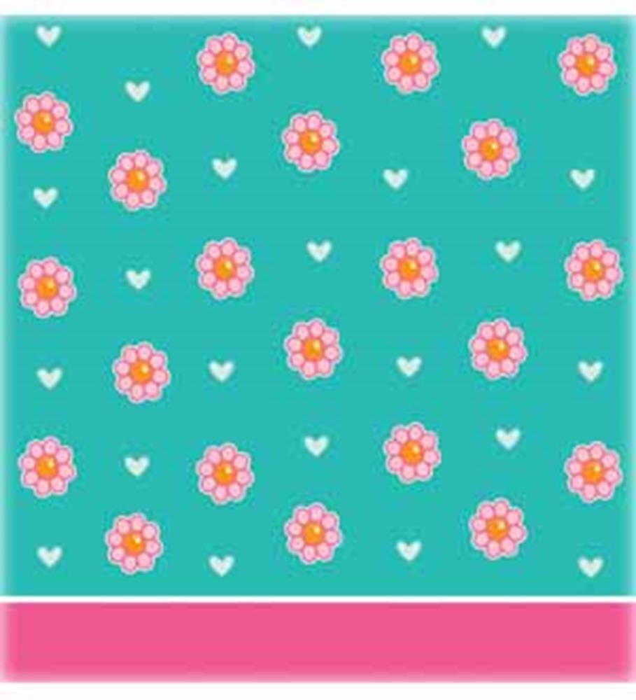 Turquoise square tablecover with pink and white flowers and small white hearts, pink border edge.