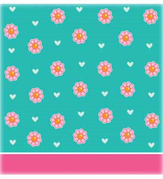 Turquoise square tablecover with pink and white flowers and small white hearts, pink border edge.