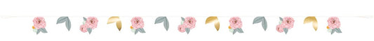 9ft floral banner with pastel pink, peach, and yellow painted flowers and green leaf cutouts on white string.
