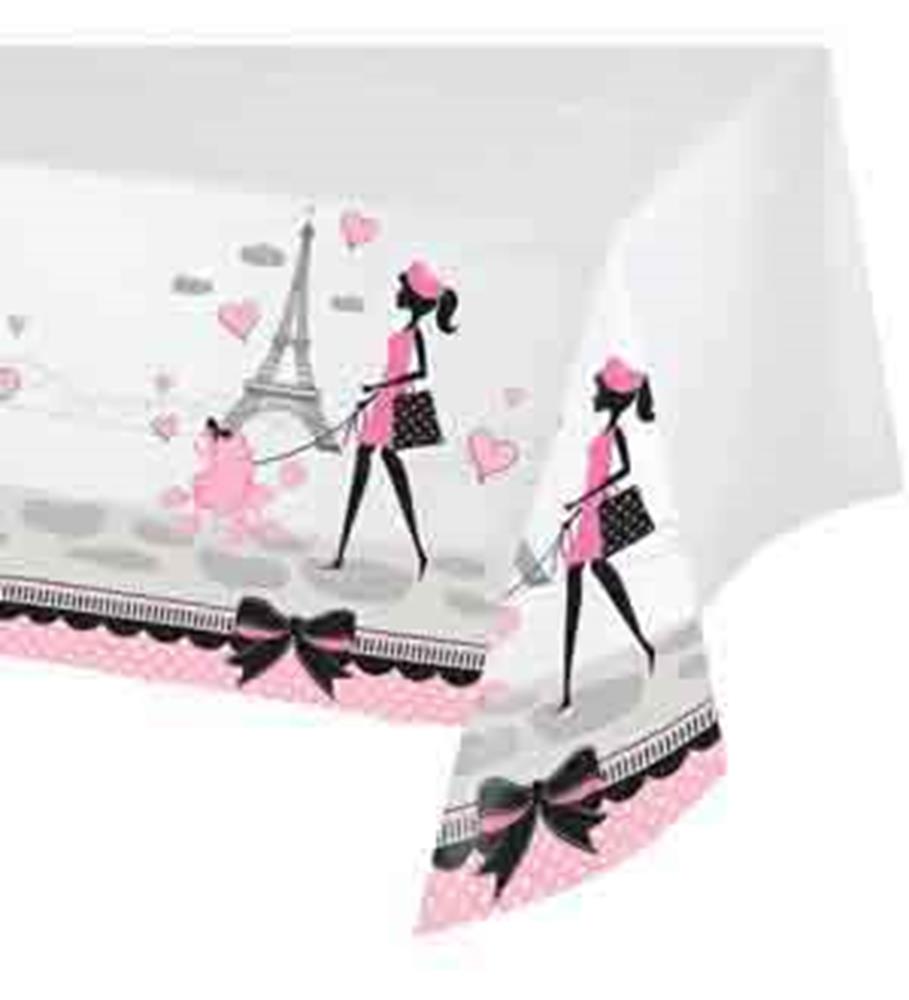 White rectangular tablecover with pink and black Paris-themed design, featuring Eiffel Tower, silhouettes of girls, hearts,.