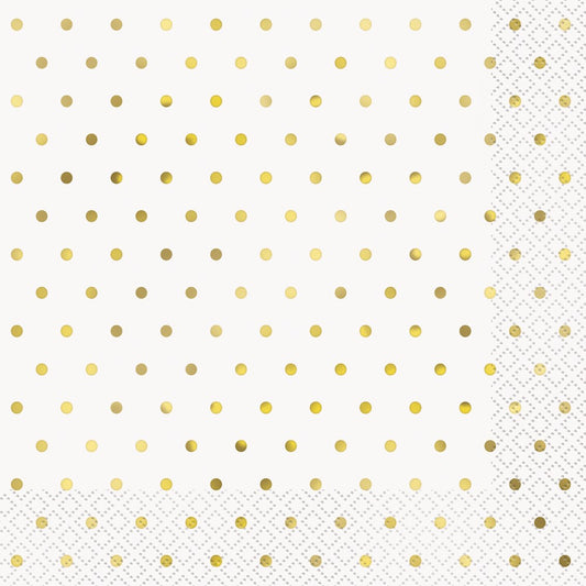 White paper napkin with evenly spaced large gold foil dots and a gold geometric border.