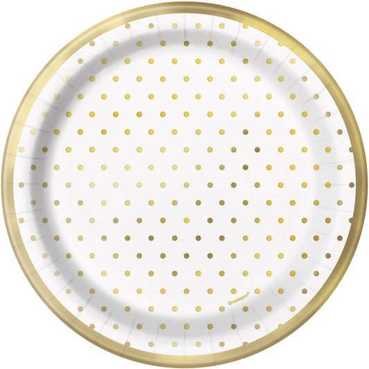 White round paper plate with small gold polka dots and a gold rim border.