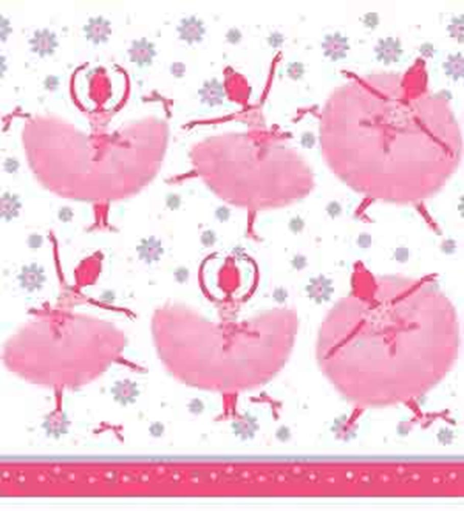 Pink plastic tablecover with various pink ballerina silhouettes and scattered gray and pink flowers.