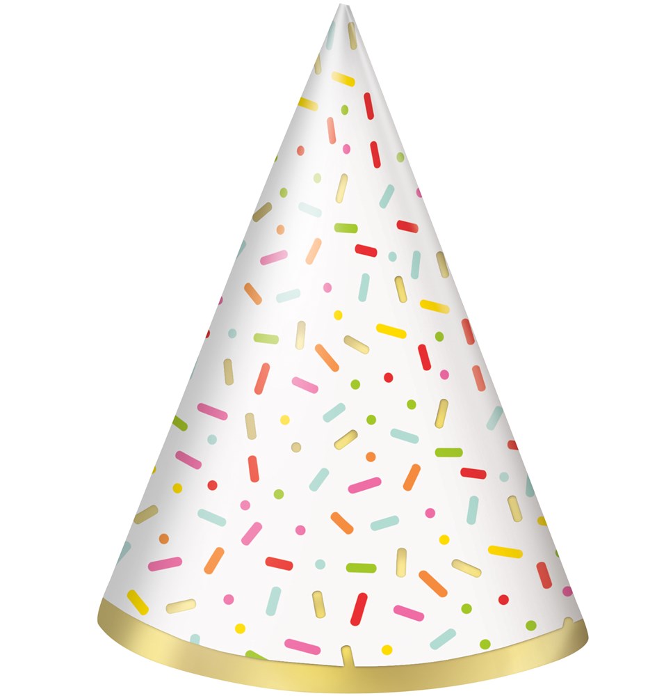 White cone-shaped party hat with colorful sprinkle patterns and a gold trim at the base.