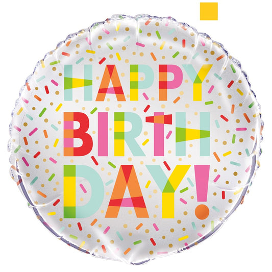 18-inch round foil balloon with colorful "Happy Birthday!" text and multicolored sprinkle pattern on white background.
