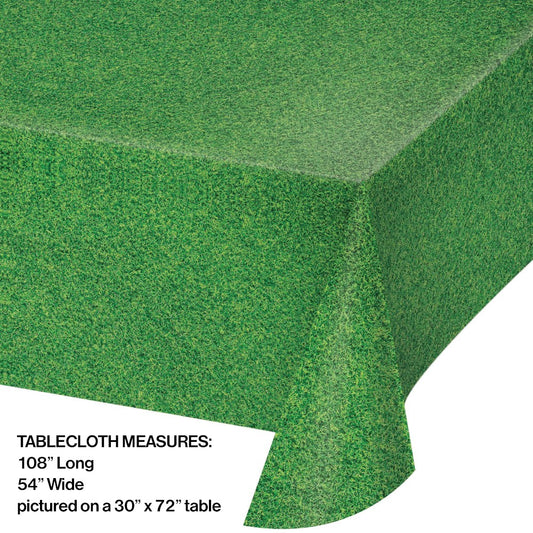 Green tablecloth with grass-like texture designed to cover rectangular tables 54 by 108 inches.