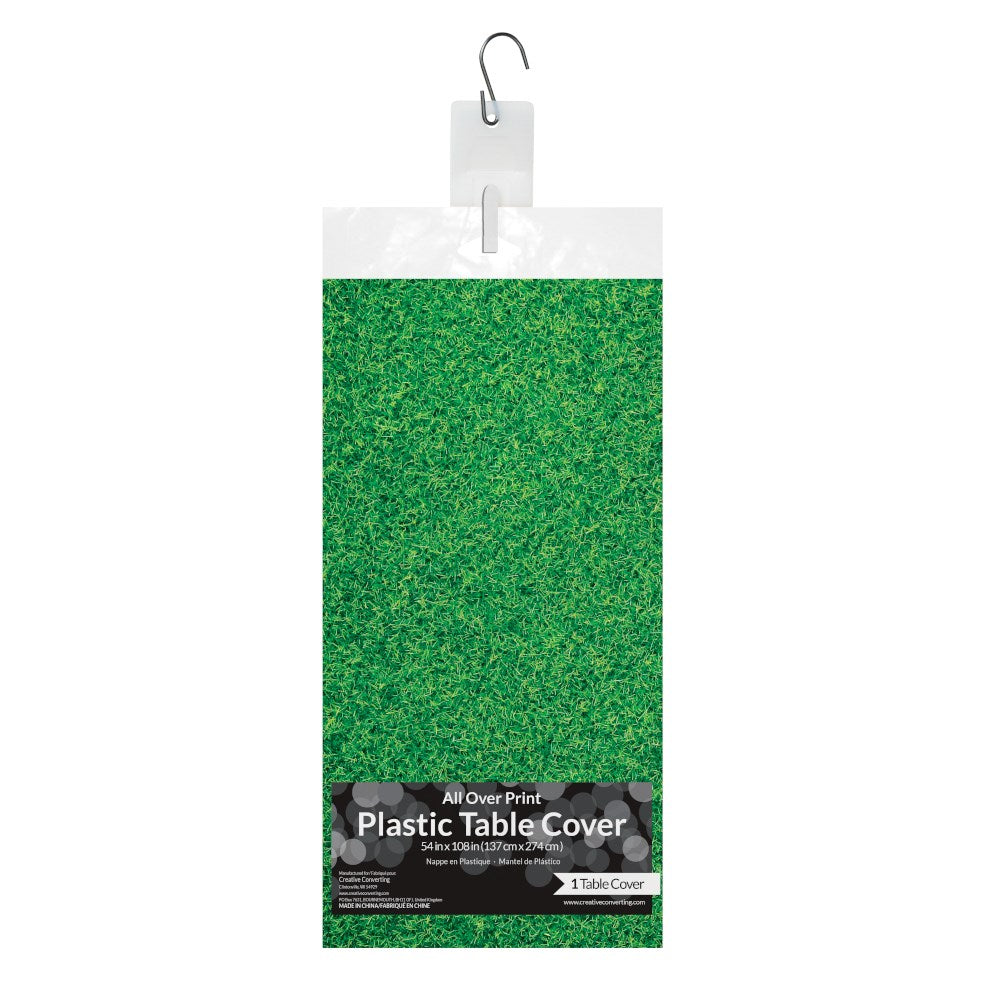 Green plastic tablecover with a grass-like texture, rectangular 54x108 inches.