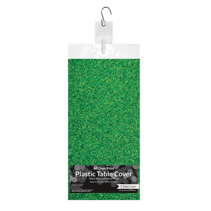 Green plastic tablecover with a grass-like texture, rectangular 54x108 inches.