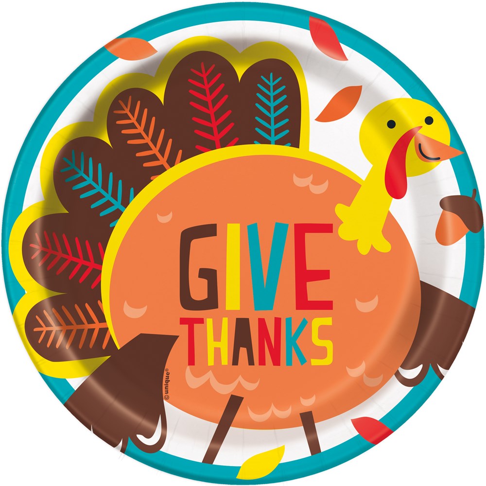 Cartoon Turkey Round 7" Dessert Plates, 8ct
