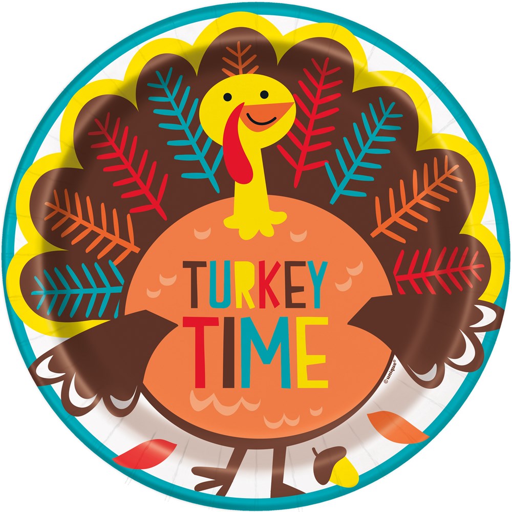 Round paper plate with colorful cartoon turkey and multicolored feathers, "Turkey Time" text in bright letters.