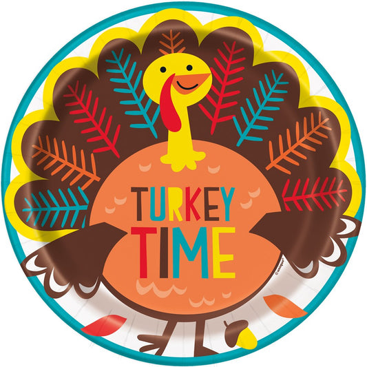 Round paper plate with colorful cartoon turkey and multicolored feathers, "Turkey Time" text in bright letters.