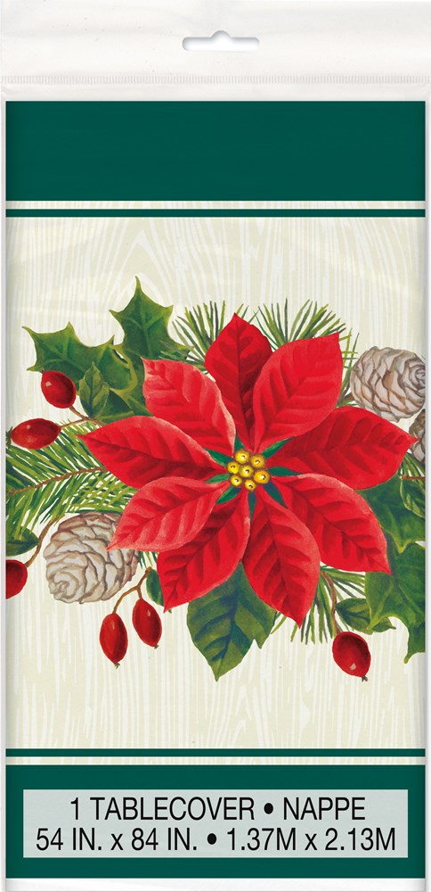 Mantel navideño de plástico rojo y verde Poinsettia 54x84