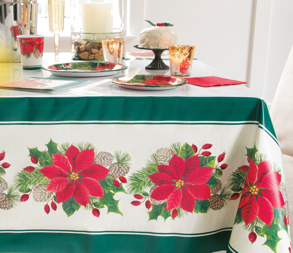 Mantel navideño de plástico rojo y verde Poinsettia 54x84