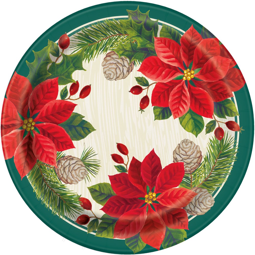 Red and Green Poinsettia Christmas Round 9" Dinner Plates, 8ct