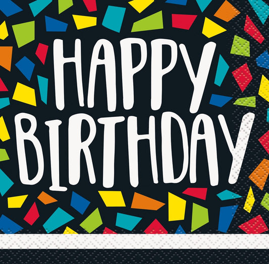 Black birthday napkin with colorful confetti shapes and large white "Happy Birthday" text.